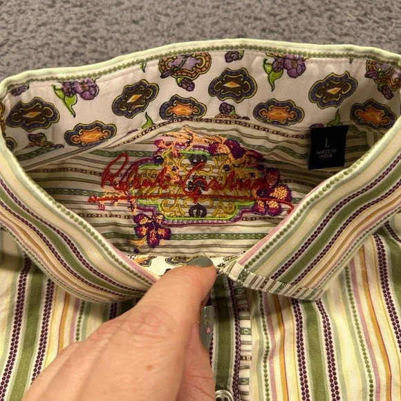 Robert Graham Shirt Mens Large Green Striped Woven Flip Cuff Geometric Going Out - Picture 6 of 13